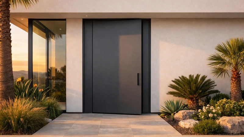 Puerta pivotante de aluminio negro en chalet de Murcia